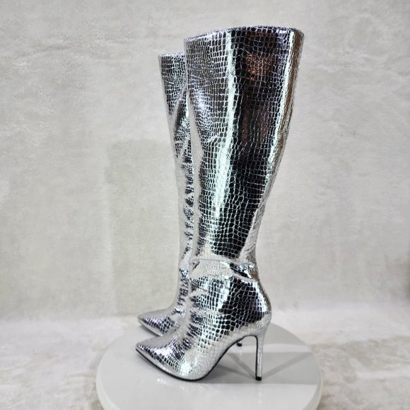 Silver Metallic  Festive   Pointy Toe Boots With 4 inch Stiletto Heel - Picture 5 of 11